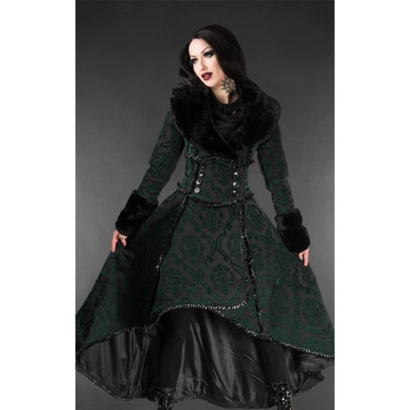 New Heavy Brocade High Low Coat Queen Royal Princess Renaissance Medieval Green - Picture 4 of 7